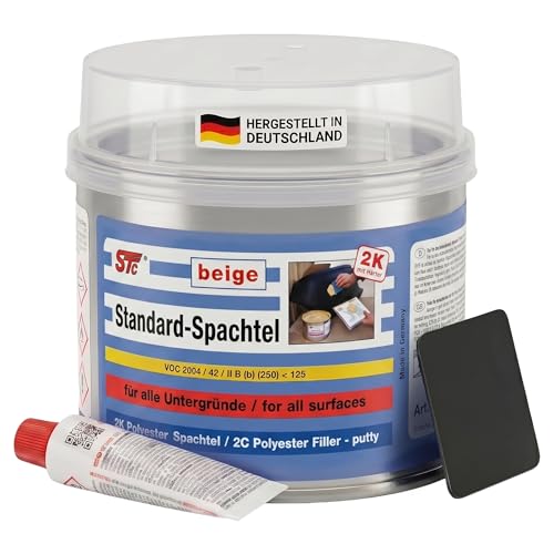 STC 2K Spachtelmasse Polyester Füllspachtel in beige für Auto Karosserie inkl. Härter & Spachtelblatt vielseitiger Feinspachtel Kfz für Reparatur Glätten & Ausgleichen von Oberflächen 1 kg