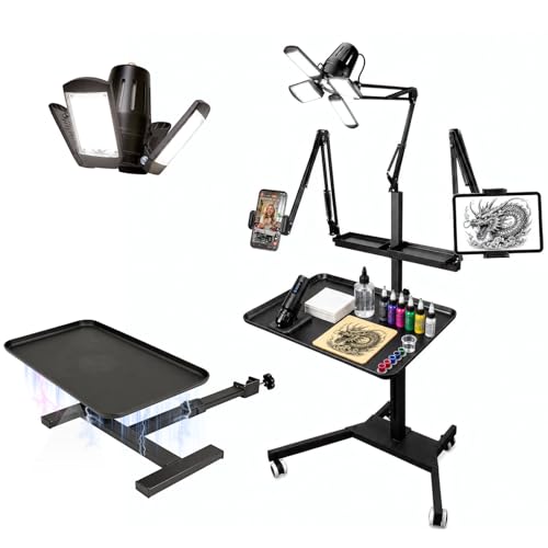 JZsmpmu Multifunctional Tattoo Workstation,Tattoo Tray Cart with Tattoo Light& Wheels,Mobile Phone,ipad Tablet Holder, Tattoo Ink Magnetic Tray,for Tattoo & Salon Studio