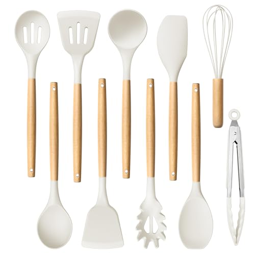 HaWare Silicone Cooking Utensils Set, 10-Piece Chef Kitchen Non-Stick Cookware with Wooden Handle, BPA-Free, 450°F Heat Resistant - White