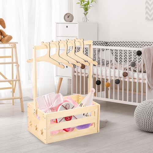 Caisse Décorative pour Fête Prénatale avec 5 Cintres - Panier de Rangement en Bois avec Poignée - Décoratif pour Vêtements de Bébé - Cadeau pour Fête Prénatale