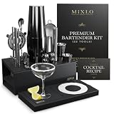 MIXLO HOME Mixology Bartender Kit - 22Pcs Bar Set Cocktail Shaker Set w Black Bar Cart Accessories Stand - Shakers Bartending Gun Metal Black Tools, 24oz Shaker, 17 Recipe Cards, Martini Barware