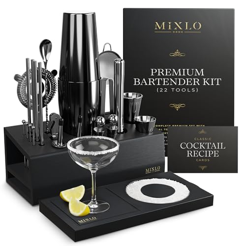 MIXLO HOME Mixology Bartender Kit - 22Pcs Bar Set Cocktail Shaker Set w Black Bar Cart Accessories Stand - Shakers Bartending Gun Metal Black Tools, 24oz Shaker, 17 Recipe Cards, Martini Barware