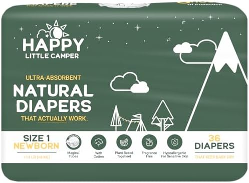Happy Little Camper Ultra-Absorbent Natural Baby Diapers Size 1 - Hypoallergenic &amp; Chlorine-Free Disposable Diapers Safe for Sensitive Skin - Unscented Newborn Diapers - 36 Count