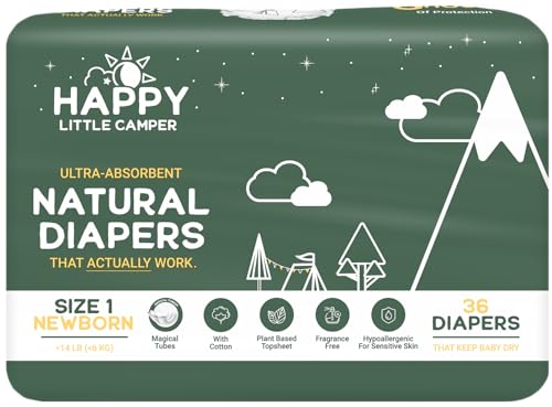 Happy Little Camper Ultra-Absorbent Natural Baby Diapers Size 1 - Hypoallergenic & Chlorine-Free Disposable Diapers Safe for Sensitive Skin - Unscented Newborn Diapers - 36 Count