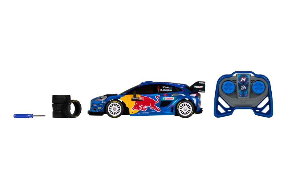 Nikko RC 10403 Red Bull M-Sport Ford Puma #8 Tänak 28 cm, realistyczne detale z dodatkowym zestawem opon i śrubokrętów, zdalnie sterowany 2,4 GHz, zasięg 30 m, od 6 lat, niebieski