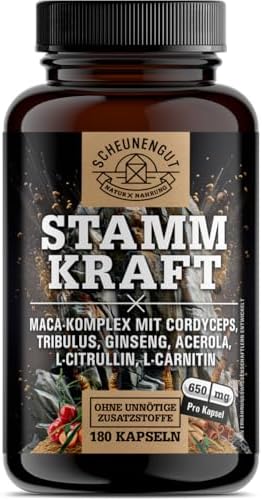 Maca Kapseln - STAMMKRAFT® Intensiv-Formel - Maca Stark - DE SCHEUNENGUT® | Maca Pulver Komplex mit Cordyceps, Tribulus terrestris, Panax Ginseng, L-Carnitin und L-Citrullin -Labor