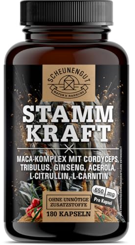 STAMMKRAFT® Maca Kapseln hochdosiert - WICHTIG: Studienbasiert kombiniert mit Cordyceps, Tribulus terrestris, Panax Ginseng, L-Carnitin & L-Citrullin -180 Kapseln- DE SCHEUNENGUT®