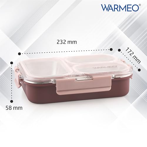 Image of WARMEO BENTO Microwave-Safe Stainless Steel Lunchbox with 3 compartments,bpa Free,Perfect for Office, School, Travelling, 750ml-brown