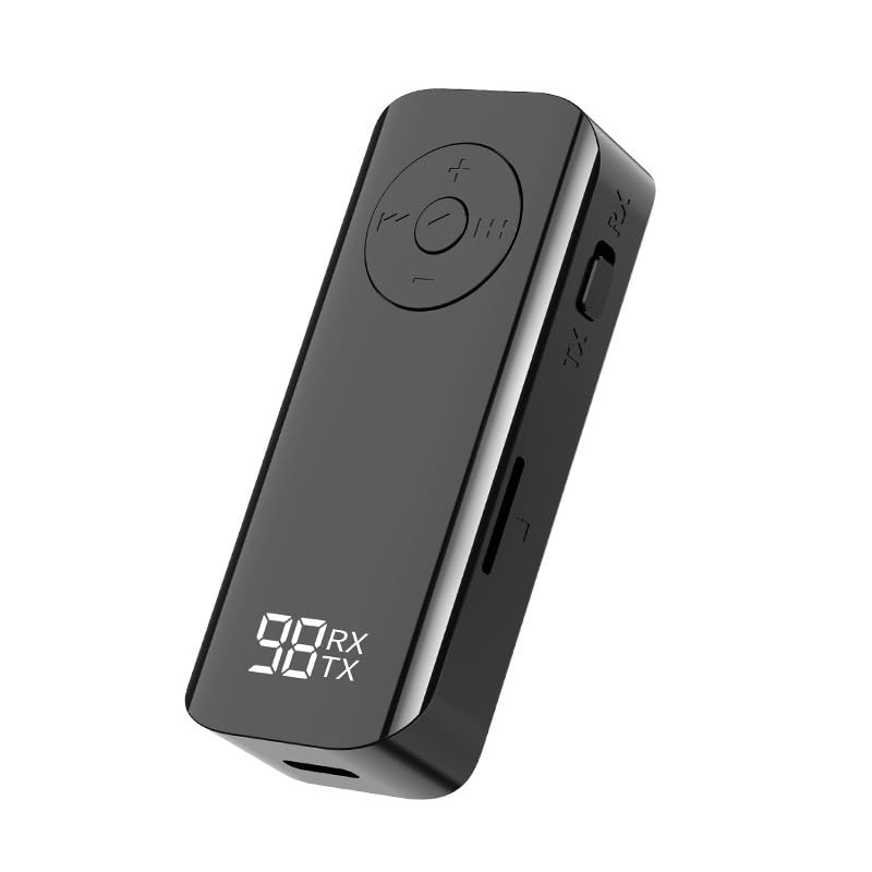 Adaptador de transmisor Bluetooth, 2 en 1, transmisor y receptor Bluetooth 5.3 jack de 3,5 mm, con pantalla de visualización, diseño lavalier, compatible con tarjeta TF, llamadas manos libres