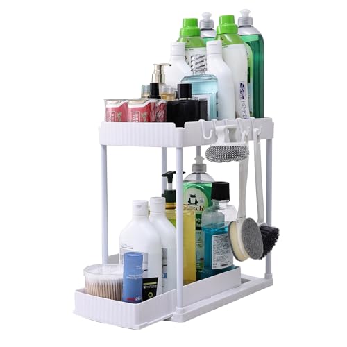 sapisecret Organizador para debajo del lavabo, 2 niveles con 5 ganchos, organizador de armario de cocina extensible, organizador de armario de cocina para lavavajillas y baño (1 paquete, blanco) sapisecret Organizador para debajo del lavabo, 2 niveles con 5 ganchos, organizador de armario de cocina extensible, organizador de armario de cocina para lavavajillas y baño (1 paquete, blanco)