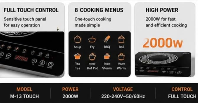Image of Induction Cooker M-13 Touch, 2000W Portable Electric Cooktop, 8 Indian Cooking Modes, Crystal Glass Top, Touch Control, Timer and Auto Off Feature