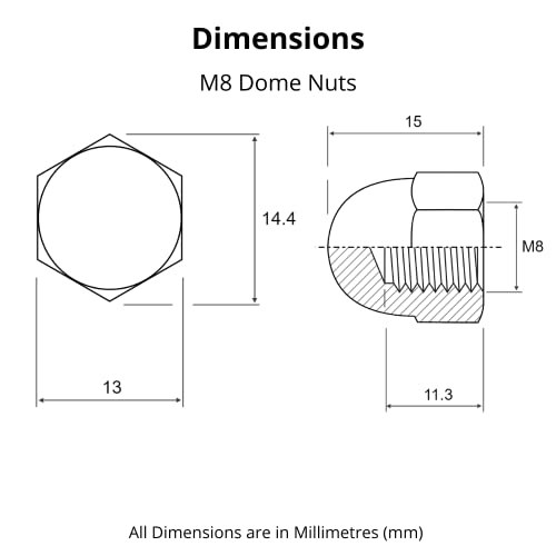 M8 (8mm) Dome Nuts Set - Steel Cap Nut - Evelyne (Pack of 20), Silver - Image 3