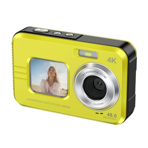 Jectse Cámara a Prueba de Agua 4K 48MP, Cámara Digital de Pantalla Dual con Enfoque Automático y Tarjeta de 32GB, Luz de Relleno para Bucear (Yellow)