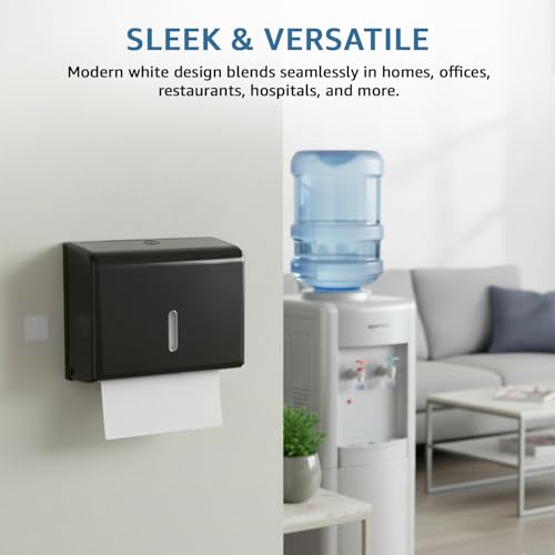 Image of Amazon Basics Wall-Mounted Multifold Paper Towel Dispenser | ABS Plastic | Black | 25.3L x 19.5Hx 9.1D cm
