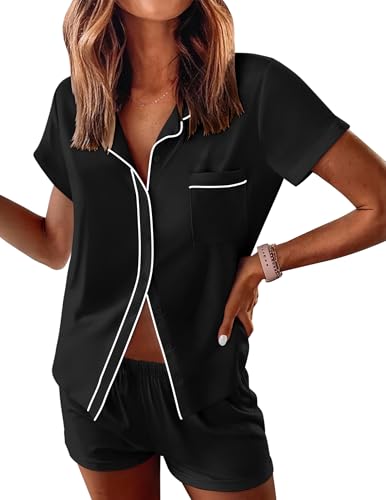Image of Ekouaer Womens Pajama Sets Button Down Lounge Set 2 Piece Loungewear Soft Sleepwear Short Sleeve Pjs with Pockets