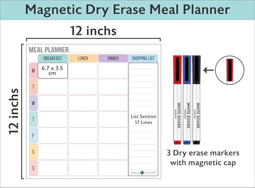 Image of WallDesign Magnetic Meal Planner Whiteboard for Fridge, (12x12 Inch) - Weekly Dry Erase Planner, Reusable Kitchen Organizer, to Do List for Home, Family, Personal, Students - Includes 3 Marker Pens