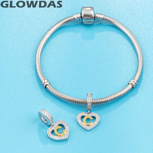 Image of GLOWDAS 18K Gold Plated Letter Charms Initial A to Z Necklace Pendant, 925 Sterling Silver CZ Heart Dangle Alphabet Beads fit European DIY Bracelet, Gifts for Valentiens /Christmas /Family