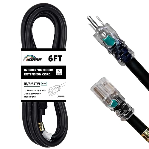 HONDERSON Indoor Outdoor Extension Cord Weatherproof with Lighted End, UL Listed, 16 Gauge 6FT Black 3 Prong Heavy Duty, 16/3 SJTW 13A Power Cord for Outdoor Lights, Lawn