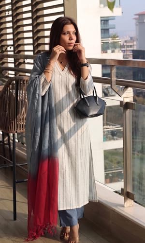 Image of GoSriKi Kurta Set for Women Viscose Printed | Kurti Set for Woman | Kurta Pant Dupatta 3 Piece Outfit | V Neck 3 /4 Sleeve Straight Fit Ethnic Dress Stylish Clothing