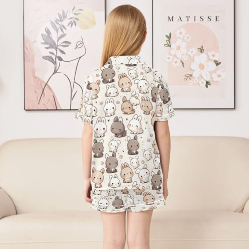 ALAZA Cute Rabbit Bunny Heart Pajamas Satin Pajama Set Short Sleeve Button Down Sleepwear4