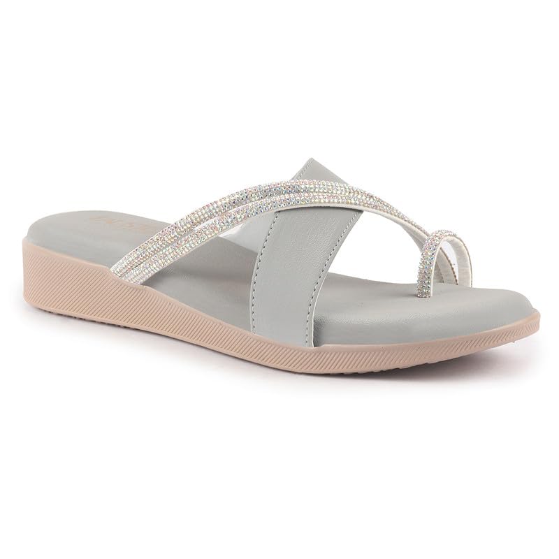 Image of FAUSTO Women Embellished Shimmery Cross Strap Toe Ring Wedding Slip On Slippers | Soft Cushioned Footbed Wedge Sandals | Party, Mehndi, Festive