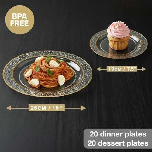 MATANA 40 Premium Hard Plastic Plates with Hammered Gold Rim - 20 x 26cm, 20 x 19cm - Reusable Gold Party Plates for Weddings, Birthdays, Christmas, Parties