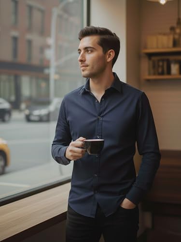 Image of VastraVibes Men's Solid Casual Shirt - Full Sleeve Slim Fit Cotton Blend Button-Down Shirt for Office, Party, Formal