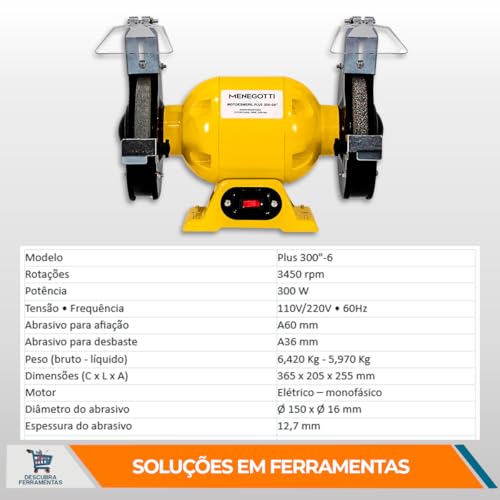 Motoesmeril - 6'' Plus 300-06 Mono Menegotti - 1/4CV 127/220V com Visor e Abrasivos A36/A60 Origin