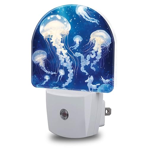 Image of Underwater Night Lights Plug into Wall White Glowing Jellyfish Night Light Dusk to Dawn Smart Sensor Decorative Round Led Lamp for Bedroom Kitchen Hallway Nightlight for Women Men