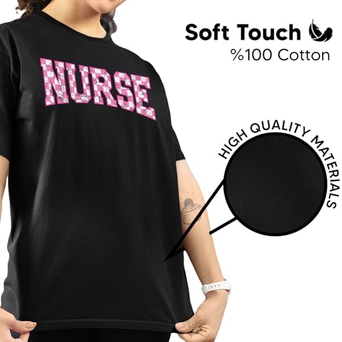 Nurse Checkerboard Graphic T-Shirt – Unisex Cotton Appreciation Tee – Cute Pink Letter Print Medical Top3