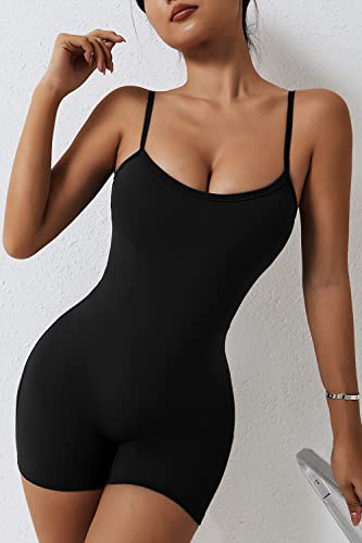 Qinsen Womens Black Jumpsuit Adjustable Straps High Waist Above Knee Length Casual Romper L #TOP4