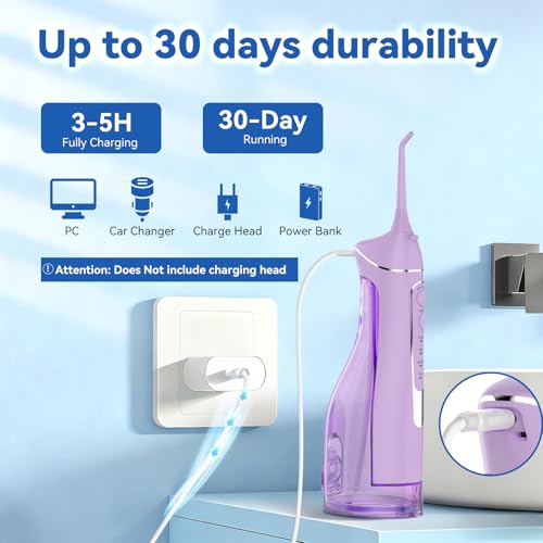 Image of Cordless Portable Water Flosser with 300ML Tank: Rechargeable Oral Irrigator with 5 Tips for Travel, Braces Care and Sensitive Gums, IPX7 Waterproof Teeth Cleaning Device(Purple)