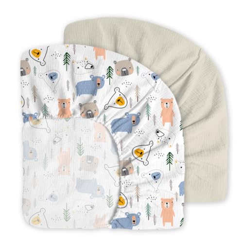 Image of Little Grape Land Muslin Crib Sheets Fitted for Boys and Girls 2 Pack, 100% Cotton Baby Bed Sheets Soft Breathable, Neutral Fitted Baby Mattress Sheets for Standard Crib (Bear, Crib Sheets)