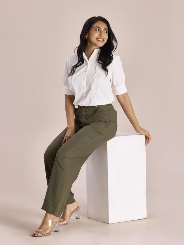Image of GO COLORS Solid Linen Cargo Pants for Women | Full Length, Mid Rise, Side Pockets