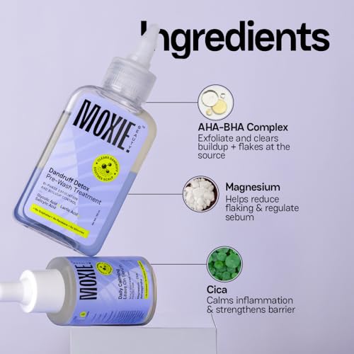 Image of Moxie Beauty Scalp Exfoliator & Anti Dandruff Serum Duo for Men & Women | AHA-BHA Exfoliating Treatment + Daily Calming Leave-On | Glycolic, Lactic & Salicylic Acid + Magnesium, Cica & Ashwagandha | Clears Flakes & Soothes Itchy Scalp | Paraben, Sulphate & Silicone-Free | Detox Pre-Wash (100ml) + Leave-On Serum (30ml)