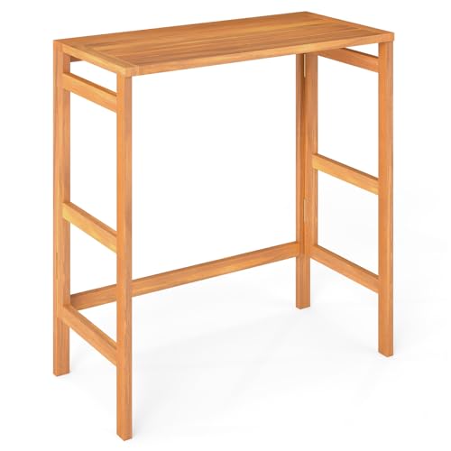 Image of Tangkula Acacia Wood Outdoor Folding Bar Table, Patio Rectangle Counter Height Pub Table with Slatted Tabletop, for Balcony, Backyard Garden and Poolside