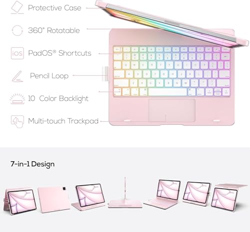 Image of typecase Touch Keyboard for iPad Air 11 (M4 /M3 /M2,2026 /2025 /2024),Air 5th /4th & Pro 11(4th /3rd /2nd /1st) Trackpad,11-Color Backlit,360Rotatable,Pencil Holder(Not for A16 /10th /Pro 11-M5 /M4)-Lgt.Pink'26