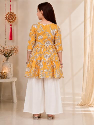 Image of Preneum Girl's Cotton Rayon Floral Printed Angrakha Kurta with Sharara & Dupatta