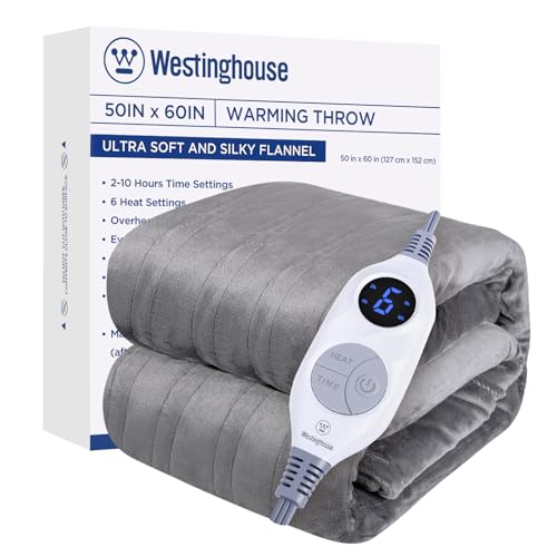 Westinghouse Electric Blanket Heated Throw, Super Cozy Soft Flannel 50"" x 60"" Heated Throw with 6 Fast Heating Levels & 2-10 Auto-Off, Machine Washable, ETL&FCC Certification, Light Grey