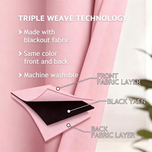 Image of Pink Blackout Curtains with Lace Hems Sheer Overlay, 2 Panels, Thermal Insulated & Soundproof, Room Darkening, Living Room, Bedroom - Modern Elegant Romanntic Pink Drapes, 52x84 Inches