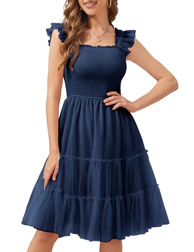 Meetjen Womens Prom Dresses 2025 Fancy Cocktail Tulle Ruffle Tiered Smocked Knee Length Square Neck Homecoming Dress