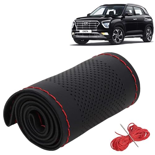 Image of KINGSWAY PU Leatherite Car Steering Cover Sewable Compatible with Hyundai Creta (Year 2020 Onwards), Black Color with Red Thread, Pack of 1 with Sewing Needle and Thread
