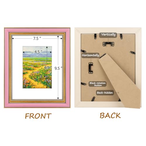 Image of Golden State Art,8x10 Ornate Picture Frame Holds 5x7 Photo,Pink Gold | Includes real glass front,white mat,easel stand,build-in hangers and buttons.Displays 5x7 photo on wall or tabletop