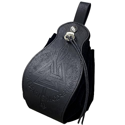 Medieval Viking Belt Pouch Black Faux Leather Belt Bag Retro Portable Drawstring Purse Renaissance Dice Bag for LARP Ren Faire