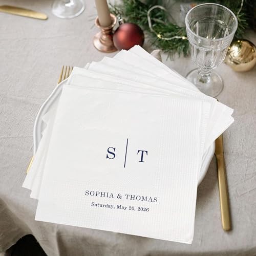 Image of Personalized Cocktail Napkins Wedding, Monogrammed Name Couple, Pack 50 100 150 300 500 Anniversary Party, Disposable Decoration Initials Beverage Bar Reception Cocktail Luncheon Dinner, Golden 4