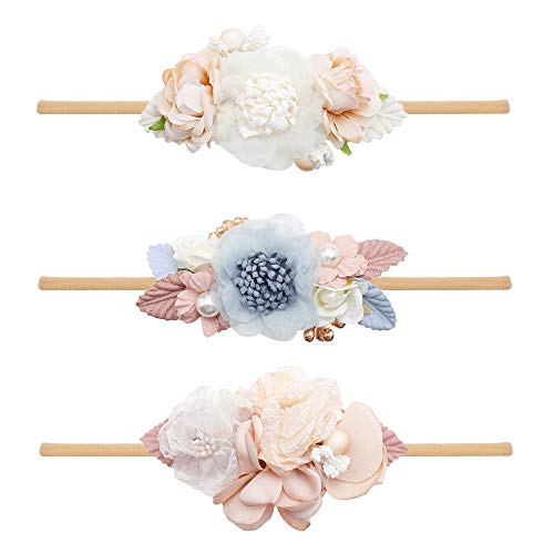 mligril Baby Girl Nylon Headbands Flower Hair Bows Accessories-Elastic Hair Band Crown Handmade FLoral Wraps Birthday Gifts for Girls Newborn Infant Toddler 3Pcs