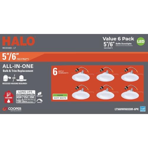 Image of HALO LT 5 in / 6 in LED Recessed Lights Retrofit Can Light Fixtures 6 Pack 3000K Warm White 600 Lumens Wet Location Dimmable Ceiling Downlights with Baffle White Trim