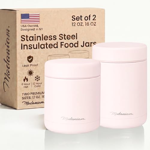Modaniam Stainless Steel Insulated Food Jar Set of 2 (16oz + 12oz), Wide Mouth, Soup Thermo for Hot Food, Lunch Container, Insulated Soup Bowl, Hot and Cold Insulated Lunch Box, Pink