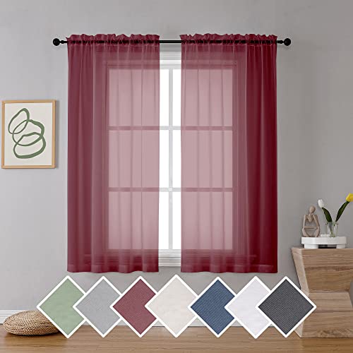 Image of OVZME Burgundy Sheer Curtains 63 inch Length 2 Panels Set for Christmas, Elegant Light Filtering Airy Burgundy Voile Window Treatments, Each is 42W x 63L