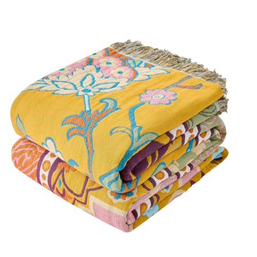 Image of VANJOROY Boho Throw Blanket, 100% Organic Cotton Breathable Skin-Friendly Ultra Soft 50 inch x 60 inch Bed Patchwork Throw - Floral Rustic Luxury Reversible Blanket for Sofa Couch Chair and Gift,